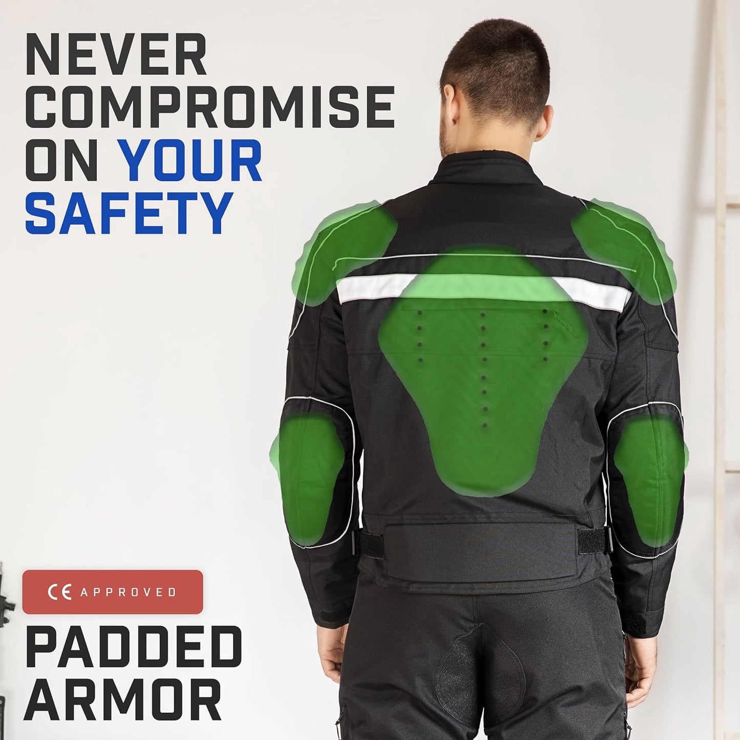 Waterproof Motorcycle Jacket Men Polyester Padded Biker Jacket Men with CE Armor Powersports Protective Jackets Featuring Padded Collar for Comfort.