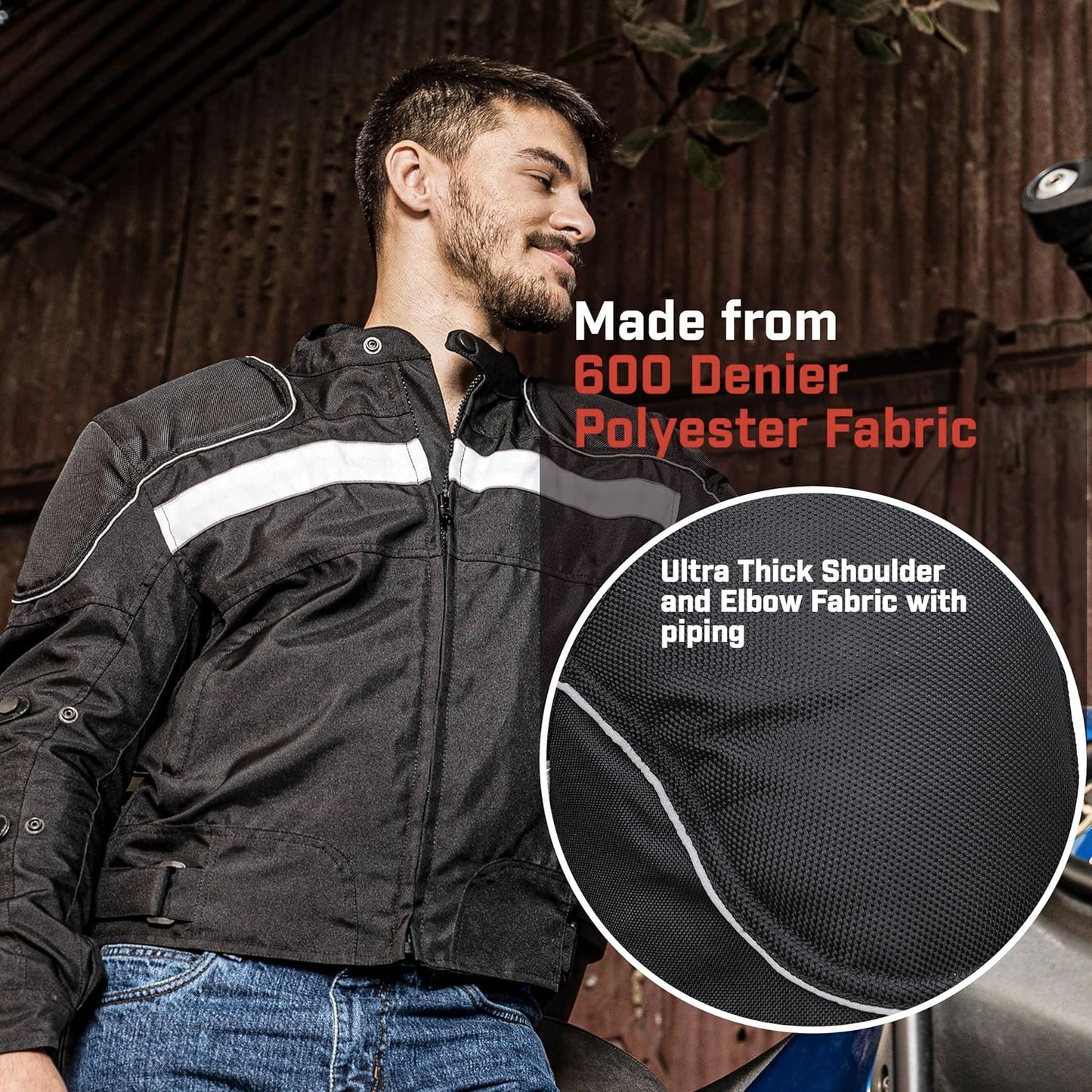Waterproof Motorcycle Jacket Men Polyester Padded Biker Jacket Men with CE Armor Powersports Protective Jackets Featuring Padded Collar for Comfort.