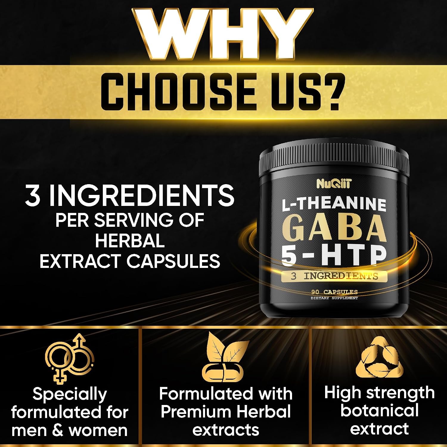 3In1 GABA Supplements 750Mg L-Theanine 200Mg & 5-HTP (5-Hydroxytryptophan) - Equivalent to 1000Mg - Support Brain Health, Concentration, Comfortable Mood - 90 Capsules