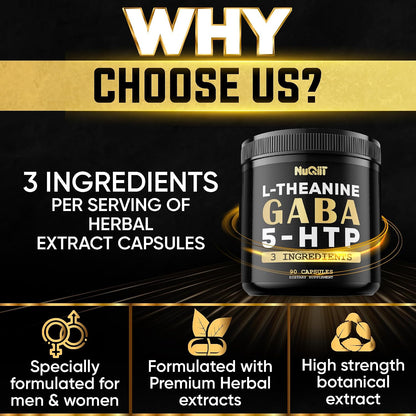 3In1 GABA Supplements 750Mg L-Theanine 200Mg & 5-HTP (5-Hydroxytryptophan) - Equivalent to 1000Mg - Support Brain Health, Concentration, Comfortable Mood - 90 Capsules