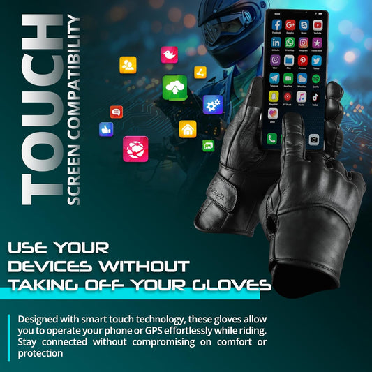 Motorcycle Gloves - Men'S Leather Motorbike Gloves with Touchscreen Function - Non-Slip Pads for Men & Women(Non-Perforated, Black, X-Large)