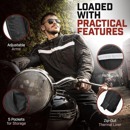 Waterproof Motorcycle Jacket Men Polyester Padded Biker Jacket Men with CE Armor Powersports Protective Jackets Featuring Padded Collar for Comfort.