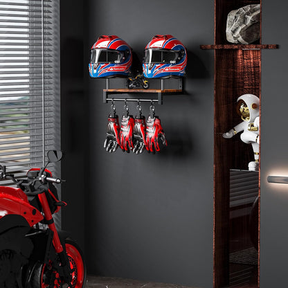 Automotive Helmet Holder Wall Mount, Solid Wood and Metal Helmet Rack with 4 Glove Clips, Motorcycle Accessories Gear Storage Organizer for Entryway or Garage