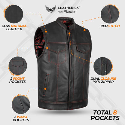Mens Black Motorcycle Vests - Top Grain Cow Leather SOA Club & Traditional Paisley Satin Liner Leather Biker Vests