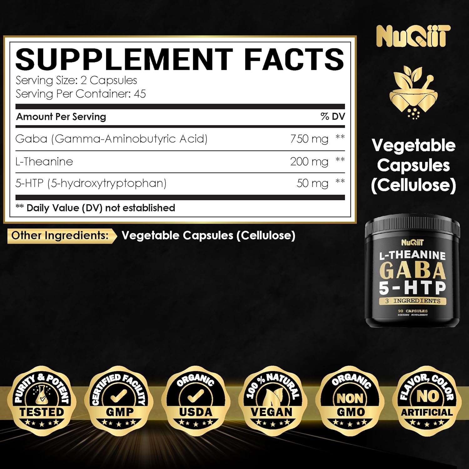3In1 GABA Supplements 750Mg L-Theanine 200Mg & 5-HTP (5-Hydroxytryptophan) - Equivalent to 1000Mg - Support Brain Health, Concentration, Comfortable Mood - 90 Capsules