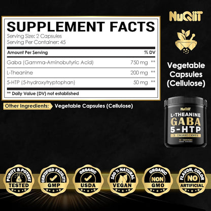 3In1 GABA Supplements 750Mg L-Theanine 200Mg & 5-HTP (5-Hydroxytryptophan) - Equivalent to 1000Mg - Support Brain Health, Concentration, Comfortable Mood - 90 Capsules