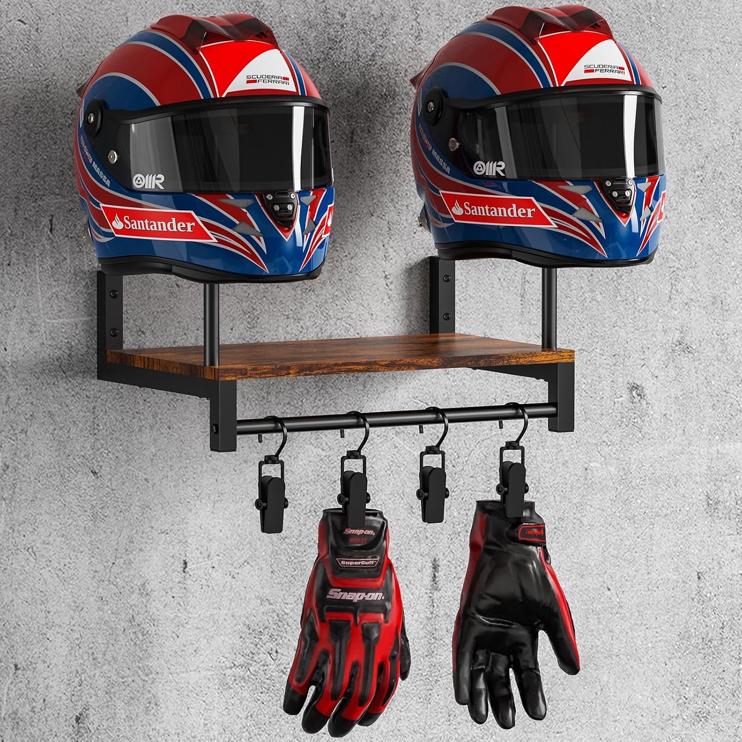 Automotive Helmet Holder Wall Mount, Solid Wood and Metal Helmet Rack with 4 Glove Clips, Motorcycle Accessories Gear Storage Organizer for Entryway or Garage
