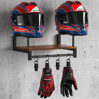 Automotive Helmet Holder Wall Mount, Solid Wood and Metal Helmet Rack with 4 Glove Clips, Motorcycle Accessories Gear Storage Organizer for Entryway or Garage