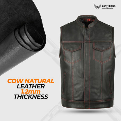 Mens Black Motorcycle Vests - Top Grain Cow Leather SOA Club & Traditional Paisley Satin Liner Leather Biker Vests