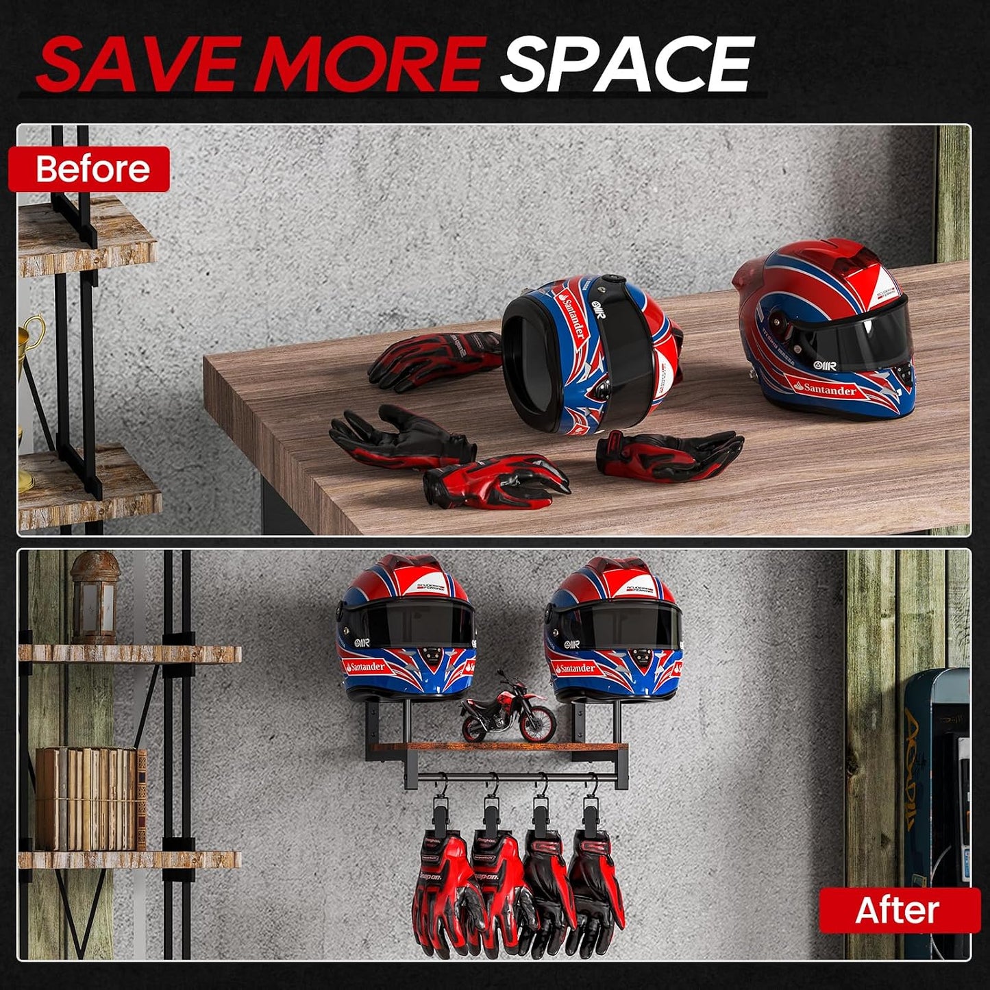 Automotive Helmet Holder Wall Mount, Solid Wood and Metal Helmet Rack with 4 Glove Clips, Motorcycle Accessories Gear Storage Organizer for Entryway or Garage
