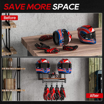 Automotive Helmet Holder Wall Mount, Solid Wood and Metal Helmet Rack with 4 Glove Clips, Motorcycle Accessories Gear Storage Organizer for Entryway or Garage