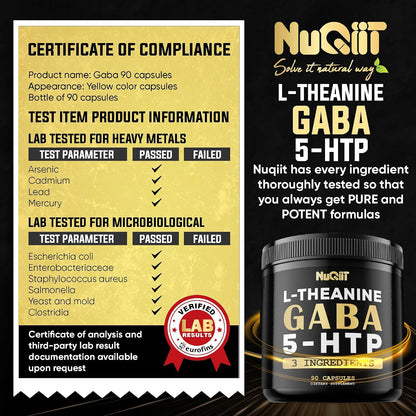 3In1 GABA Supplements 750Mg L-Theanine 200Mg & 5-HTP (5-Hydroxytryptophan) - Equivalent to 1000Mg - Support Brain Health, Concentration, Comfortable Mood - 90 Capsules