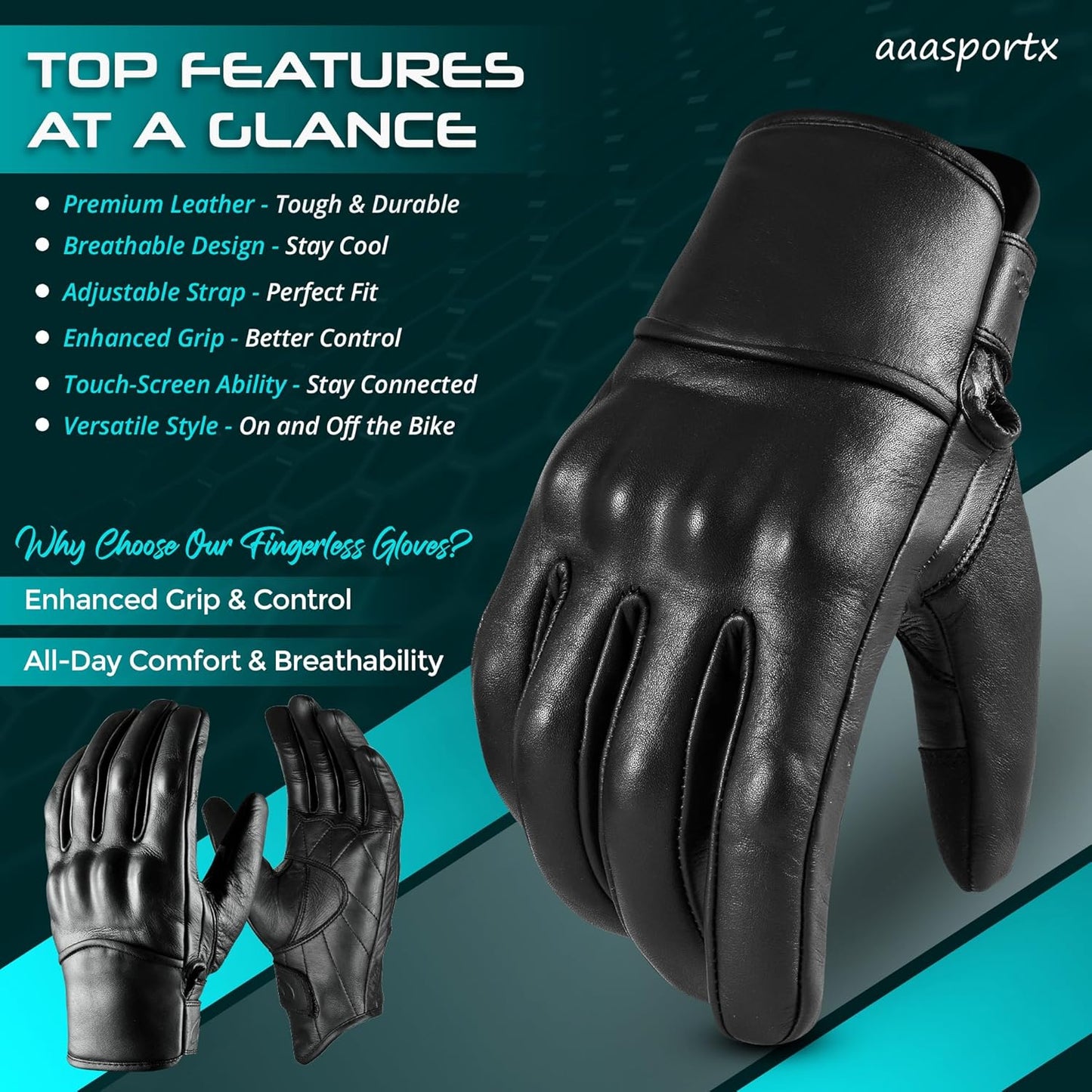 Motorcycle Gloves - Men'S Leather Motorbike Gloves with Touchscreen Function - Non-Slip Pads for Men & Women(Non-Perforated, Black, X-Large)