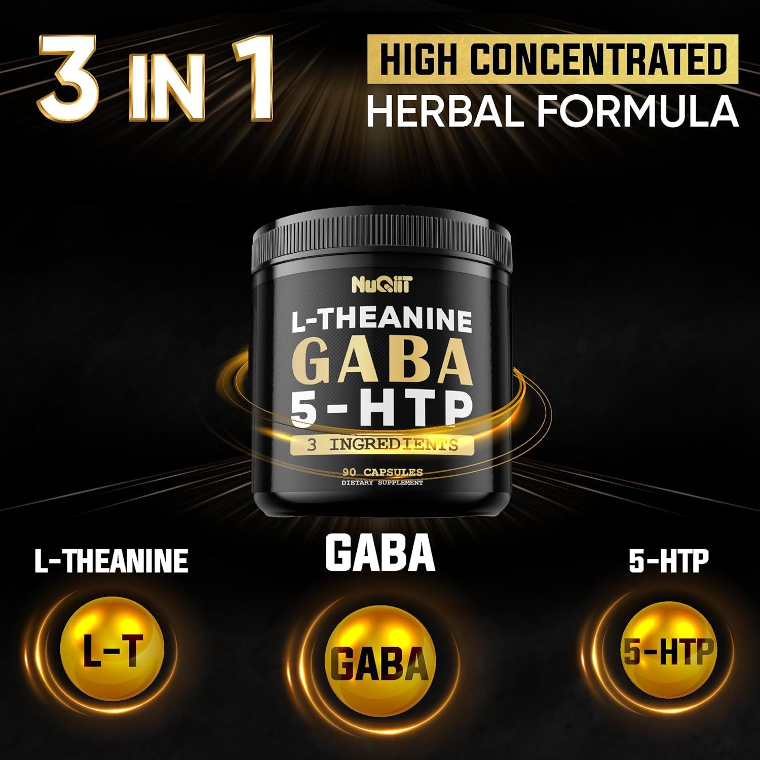 3In1 GABA Supplements 750Mg L-Theanine 200Mg & 5-HTP (5-Hydroxytryptophan) - Equivalent to 1000Mg - Support Brain Health, Concentration, Comfortable Mood - 90 Capsules