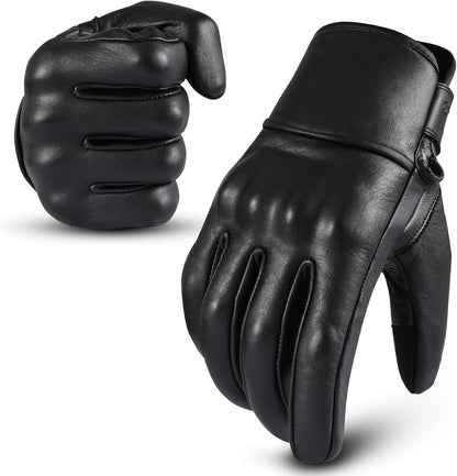 Motorcycle Gloves - Men'S Leather Motorbike Gloves with Touchscreen Function - Non-Slip Pads for Men & Women(Non-Perforated, Black, X-Large)
