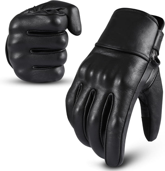 Motorcycle Gloves - Men'S Leather Motorbike Gloves with Touchscreen Function - Non-Slip Pads for Men & Women(Non-Perforated, Black, X-Large)