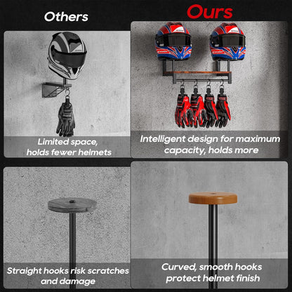 Automotive Helmet Holder Wall Mount, Solid Wood and Metal Helmet Rack with 4 Glove Clips, Motorcycle Accessories Gear Storage Organizer for Entryway or Garage
