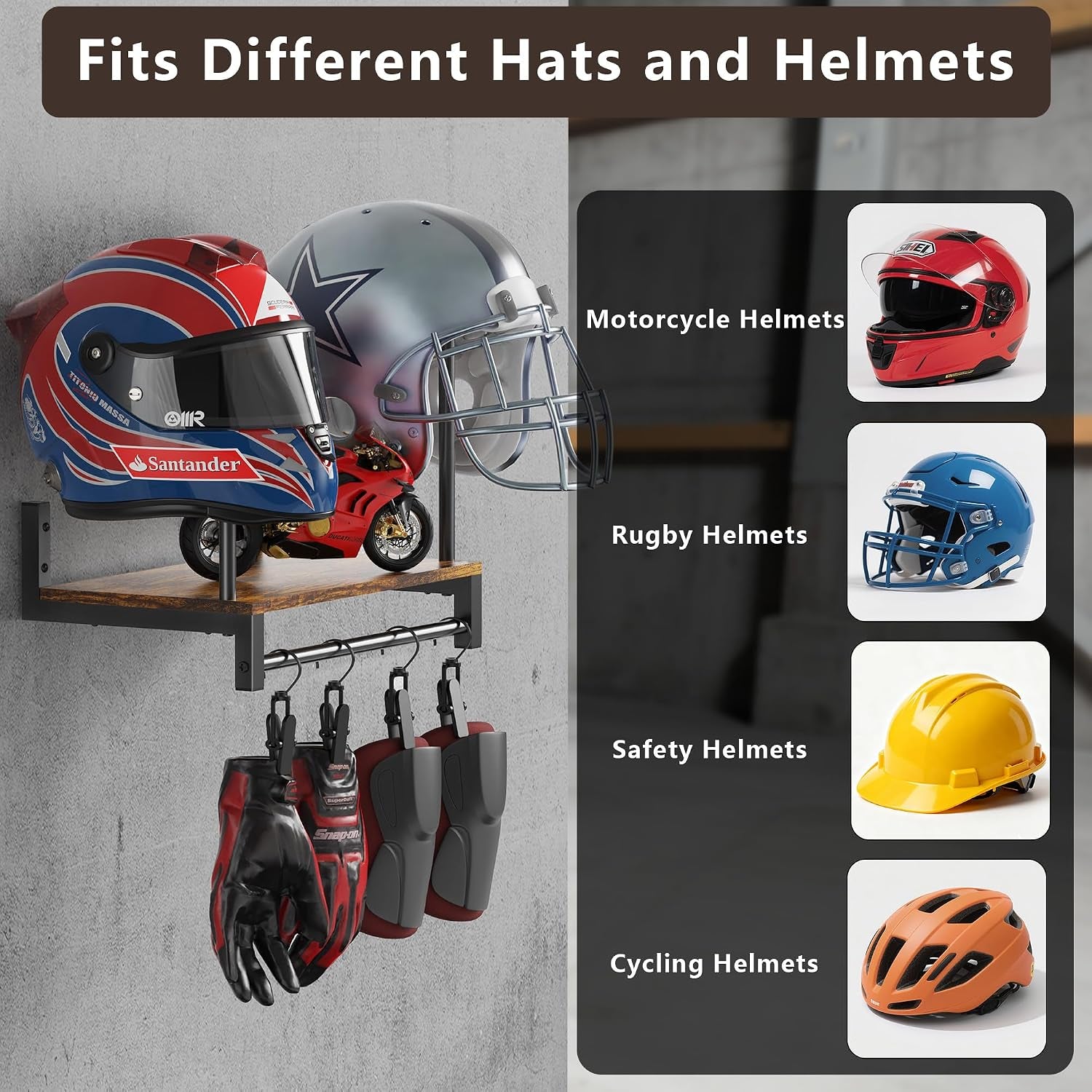 Automotive Helmet Holder Wall Mount, Solid Wood and Metal Helmet Rack with 4 Glove Clips, Motorcycle Accessories Gear Storage Organizer for Entryway or Garage