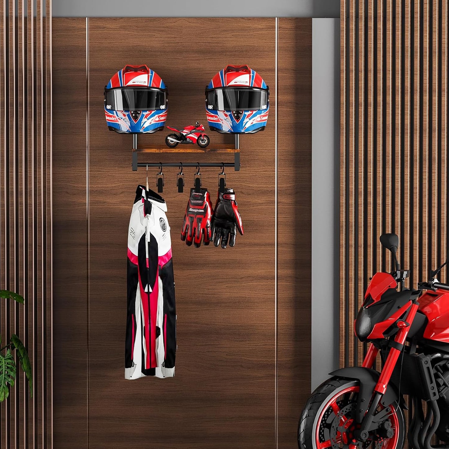 Automotive Helmet Holder Wall Mount, Solid Wood and Metal Helmet Rack with 4 Glove Clips, Motorcycle Accessories Gear Storage Organizer for Entryway or Garage