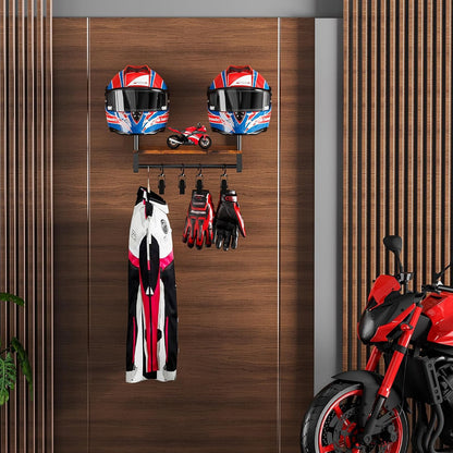 Automotive Helmet Holder Wall Mount, Solid Wood and Metal Helmet Rack with 4 Glove Clips, Motorcycle Accessories Gear Storage Organizer for Entryway or Garage