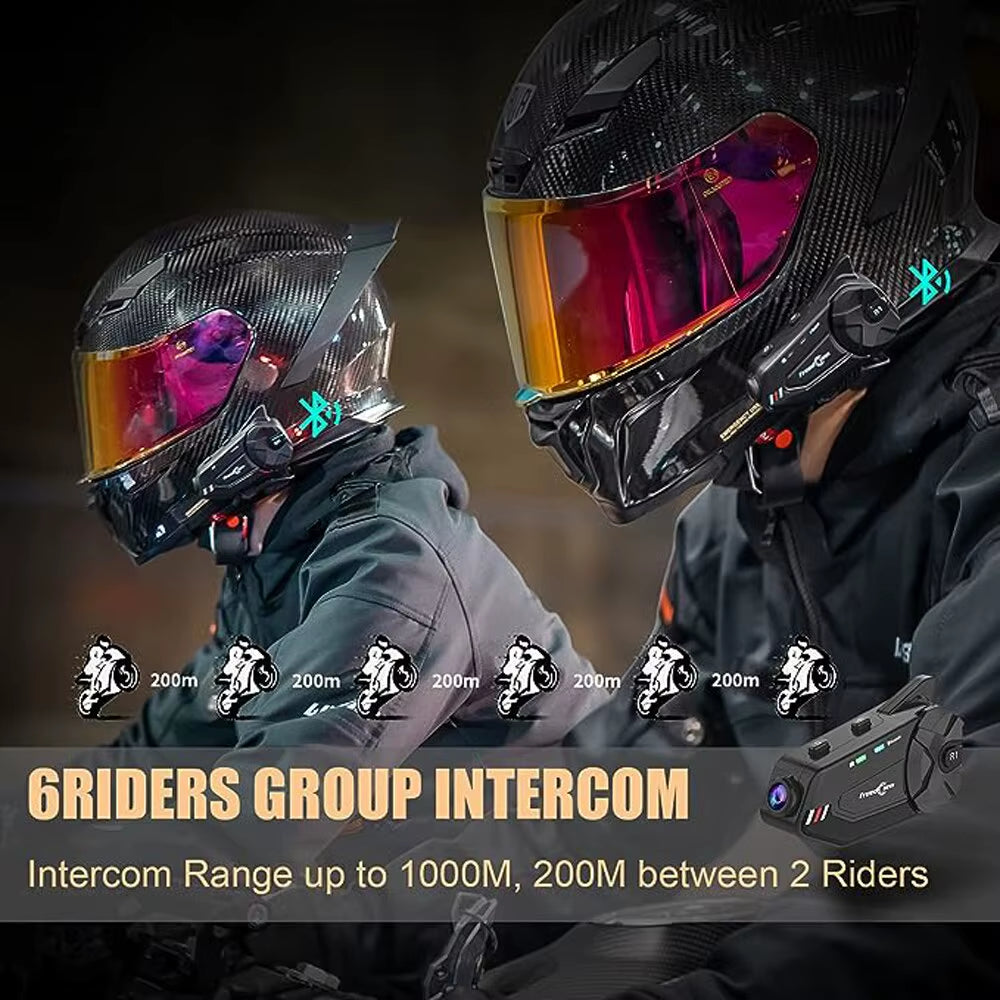 Experience the Freedom of the Open Road with the R1 Plus Motorcycle Intercom Helmet Headset - Bluetooth Connectivity, 1080P Video Recording, and Handsfree Communication!