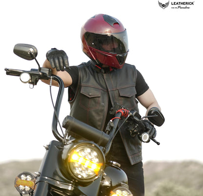 Mens Black Motorcycle Vests - Top Grain Cow Leather SOA Club & Traditional Paisley Satin Liner Leather Biker Vests