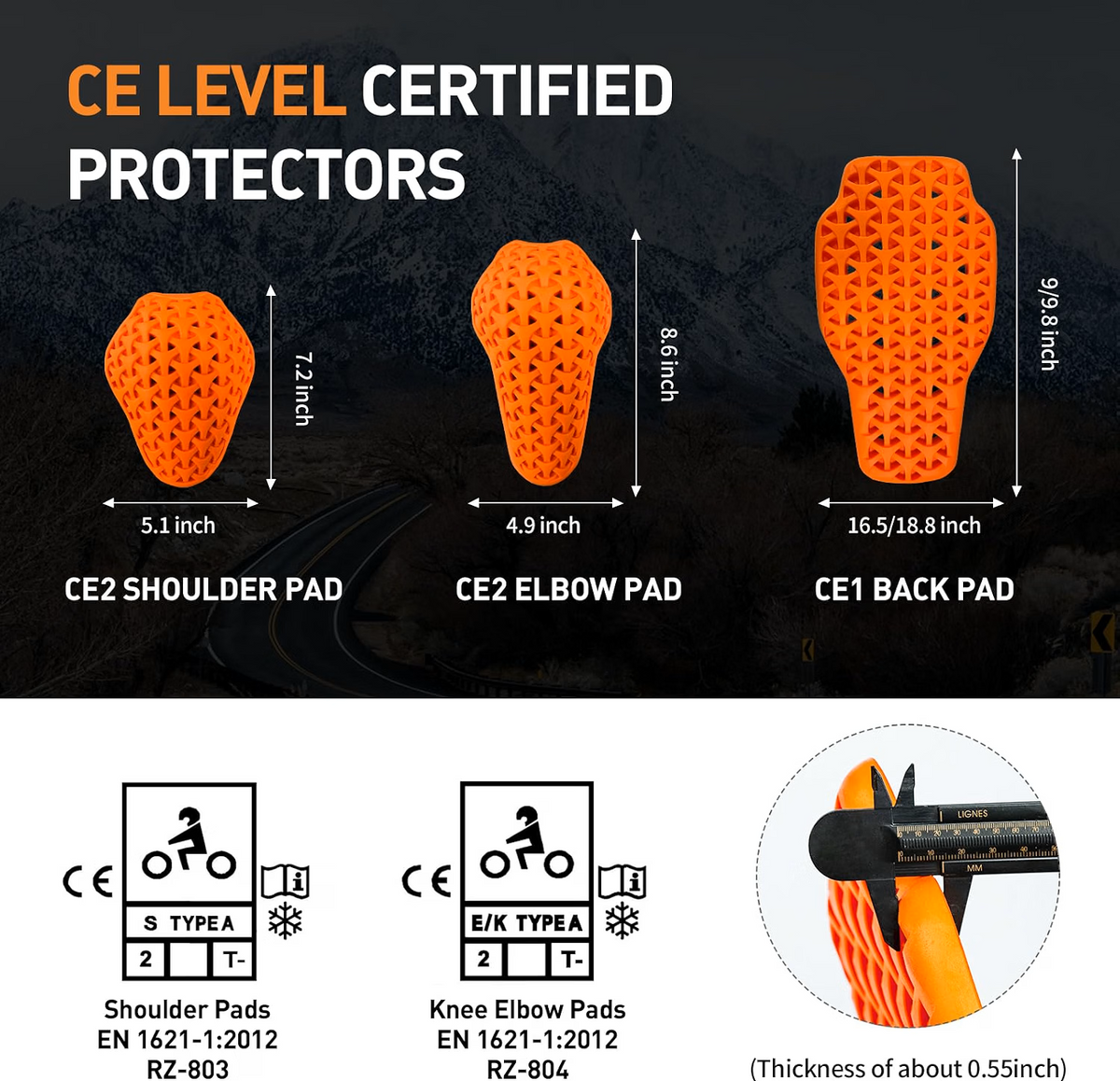 Certified Armor Pads Set Elbow Shoulder Back for Motorcycle Jackets